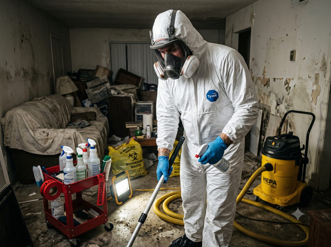 Texas biohazard hoarding cleanup technician in full white protective suit working in contaminated property