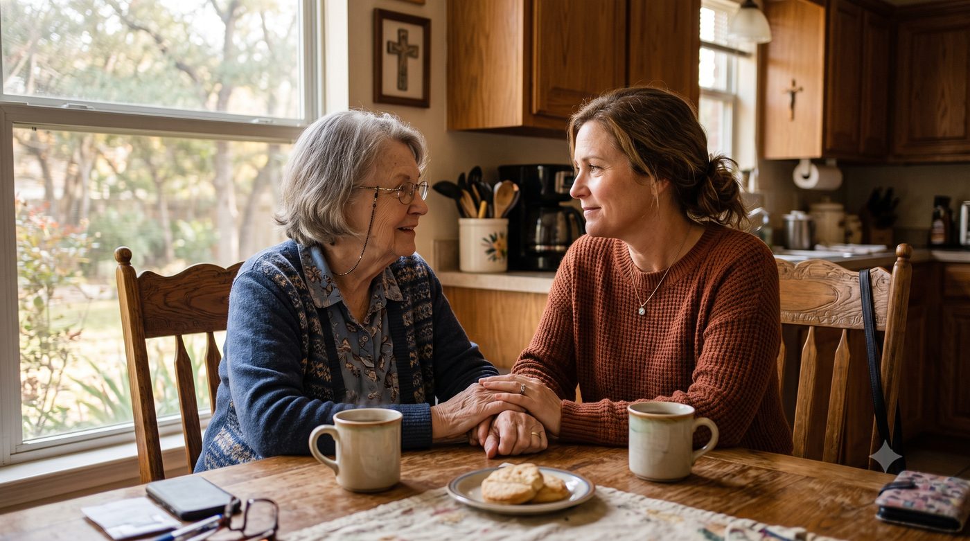 Adult daughter talking compassionately with elderly mother about hoarding situation in Texas home