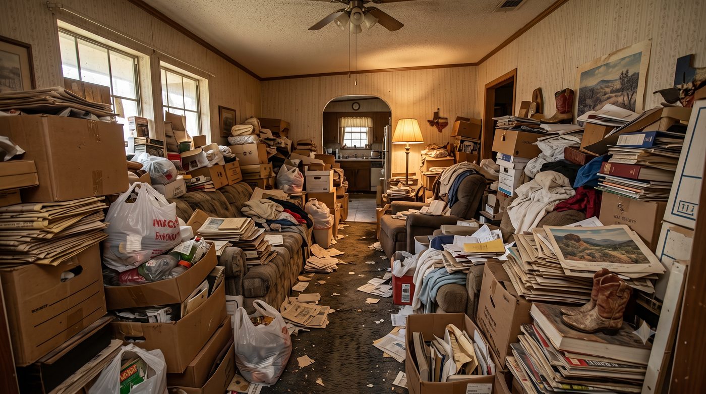Level 3 hoarding condition in Texas home showing cluttered living room with boxes and debris