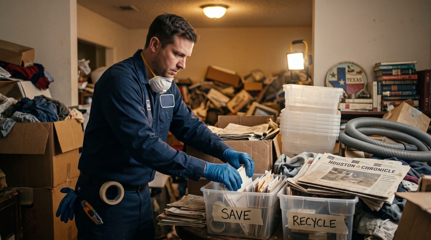 Hoarding cleanup technician sorting belongings in Houston TX home