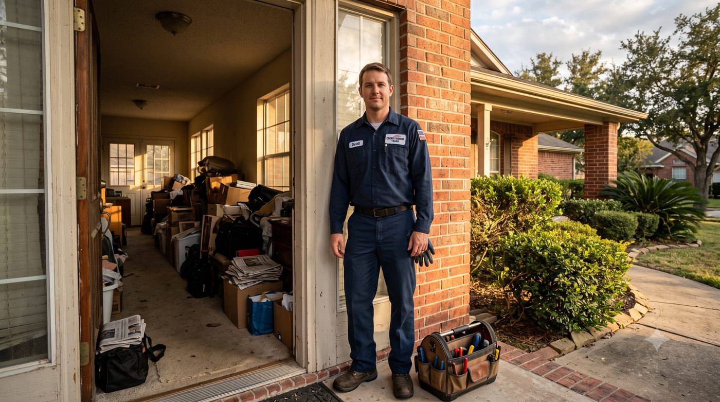 Licensed hoarding cleanup technician at front door of Austin TX home ready to begin cleanup