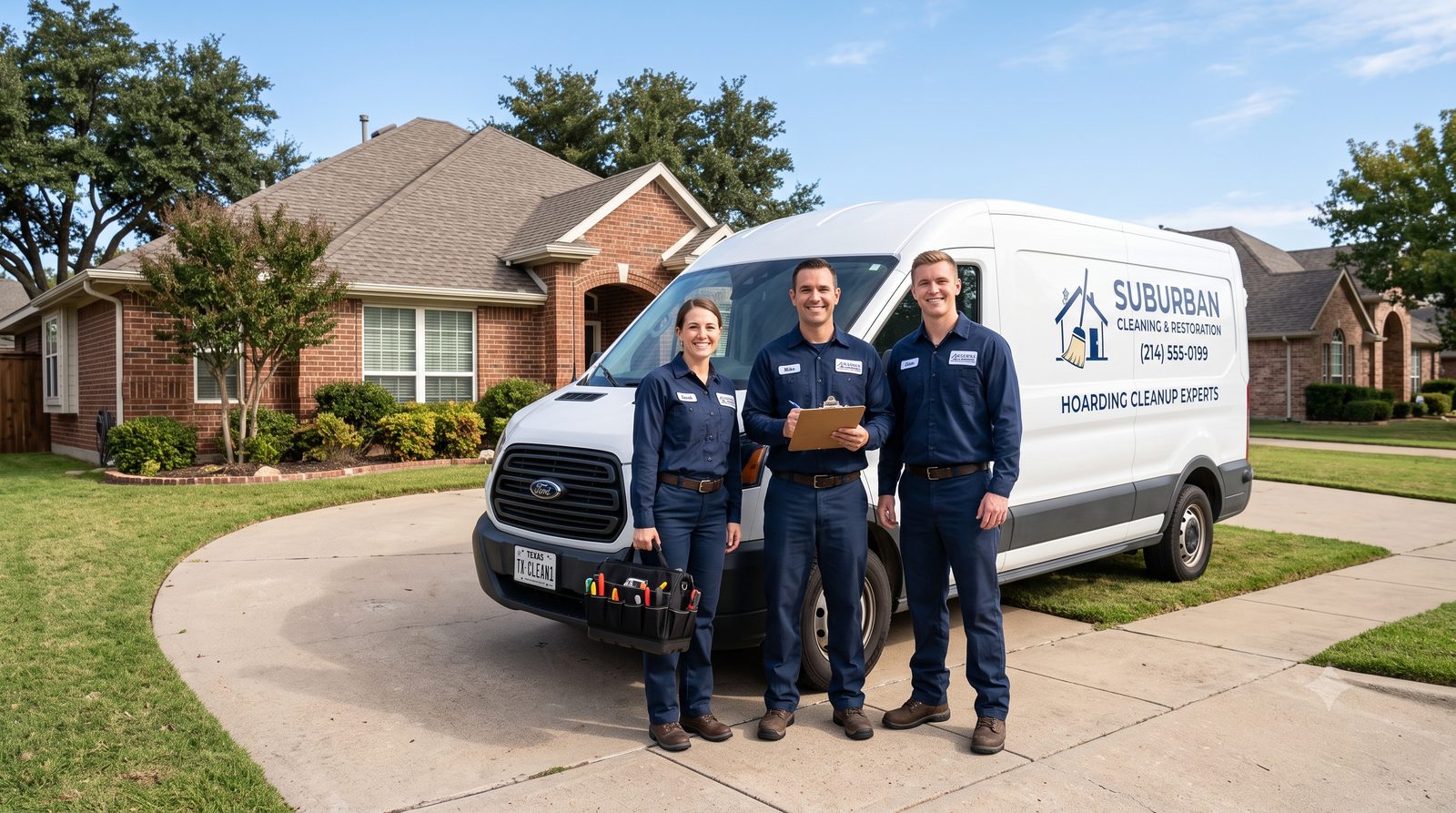 Texas hoarding cleanup crew in navy uniforms standing with service van at suburban Texas home